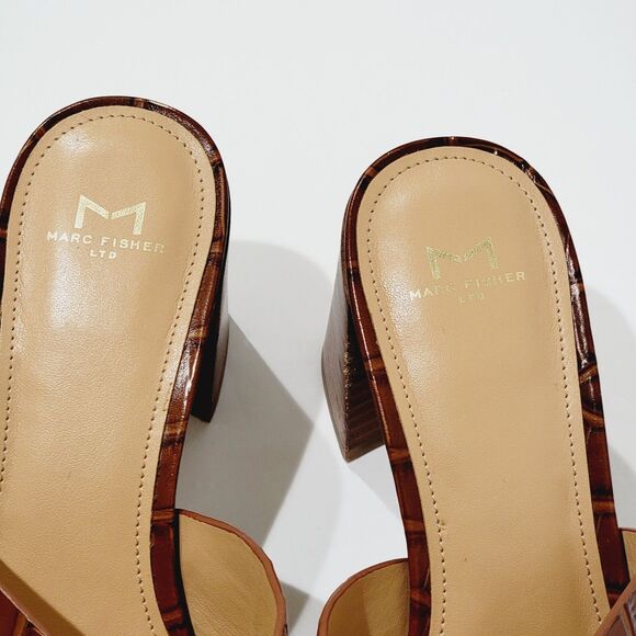 Marc Fisher Saydi Sandals Womens Sz 9 Croc Embossed Brown Square Toe Block Heels - Picture 13 of 15